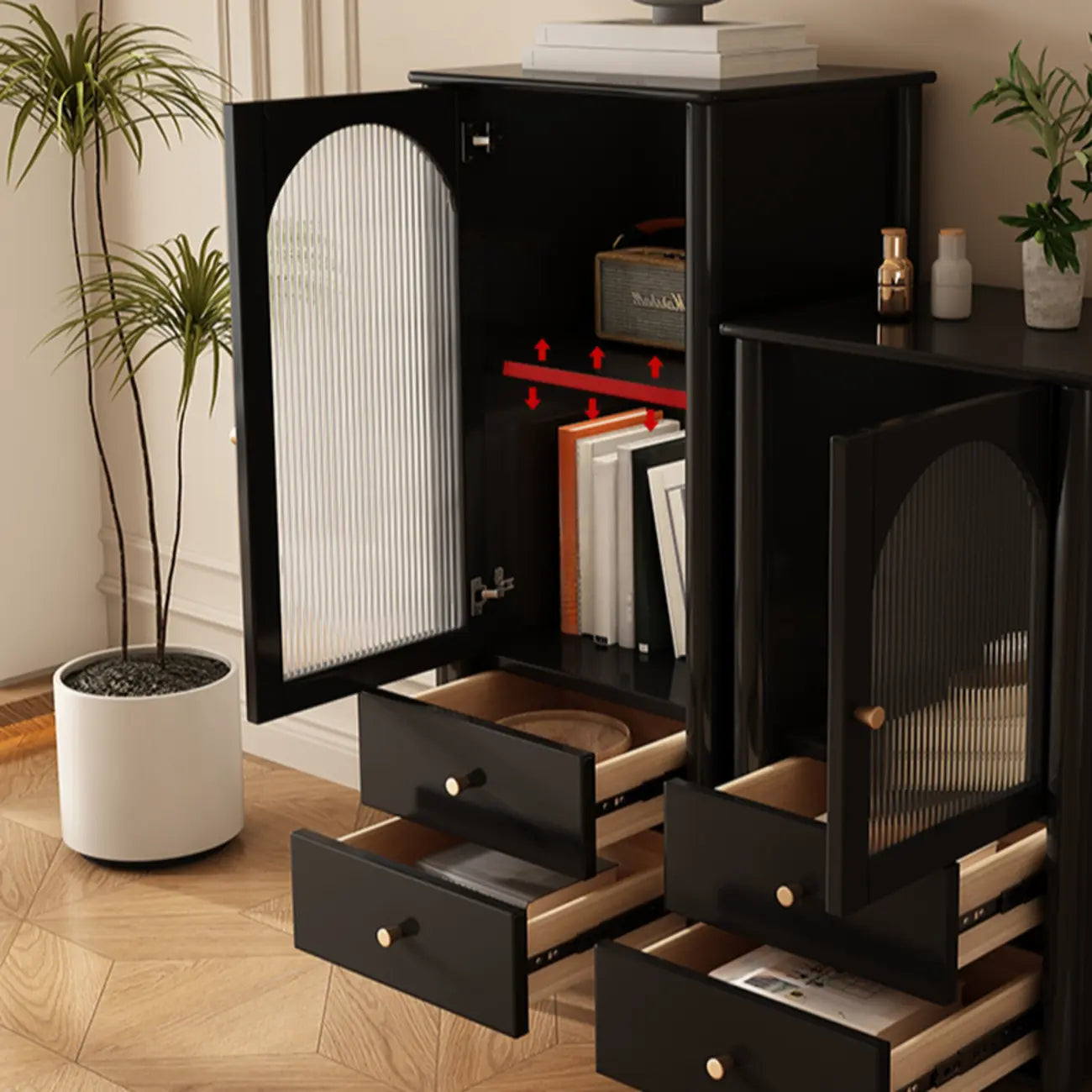 Modern Black Gold Wood Adjustable Shelves Glass Door Cabinet