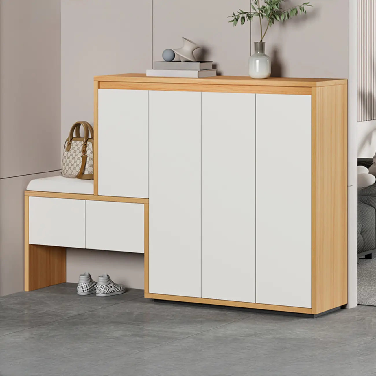 Modern Wood Shoe Rack with Drawers for Entryway