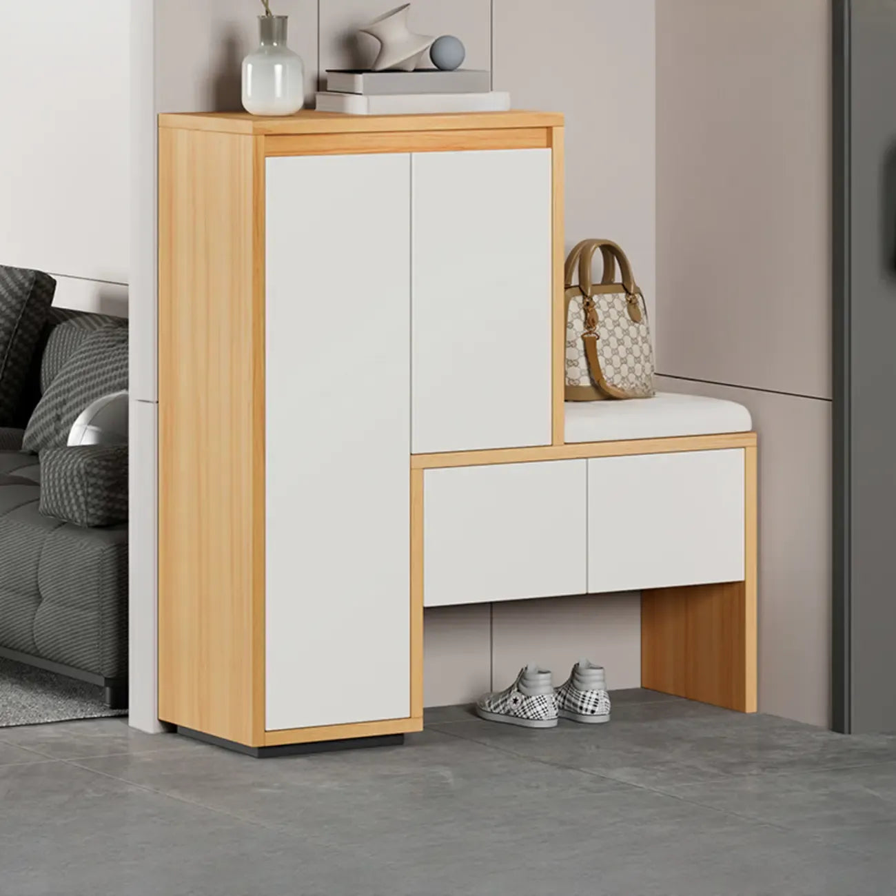 Modern Wood Shoe Rack with Drawers for Entryway