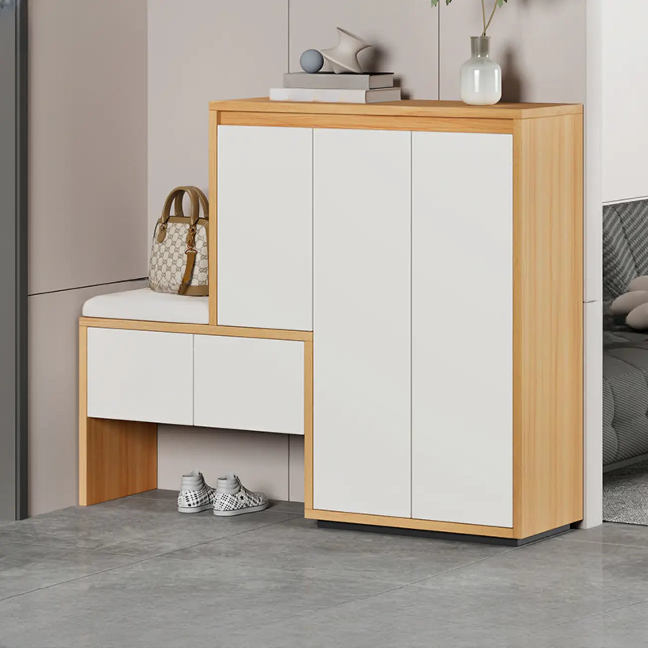 Modern Wood Shoe Rack with Drawers for Entryway