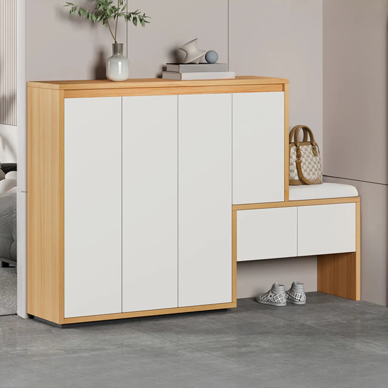 Modern Wood Shoe Rack with Drawers for Entryway