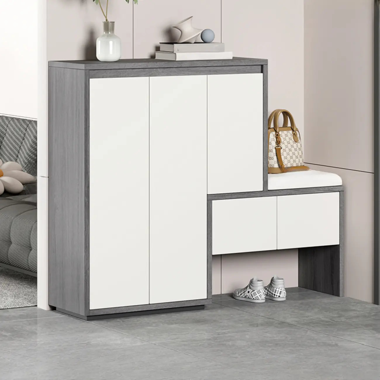 Modern Wood Shoe Rack with Drawers for Entryway