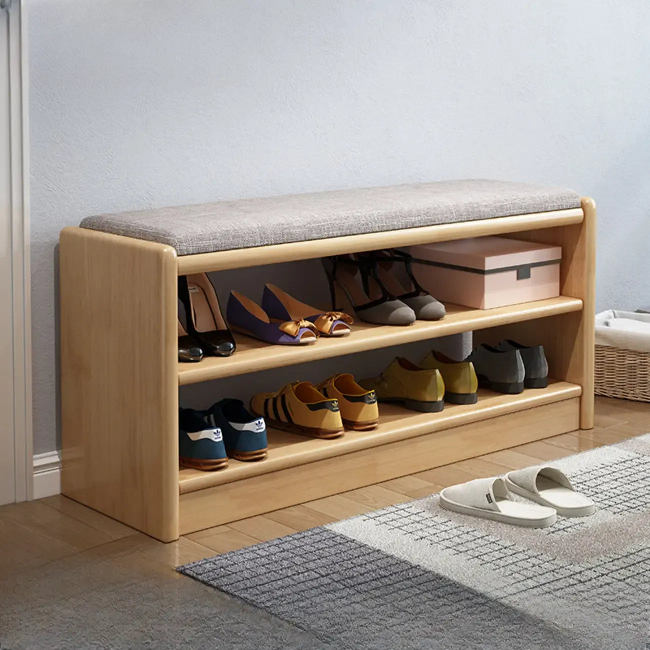 Scandinavian 2-Tier Upholstered Wood Shoe Rack Bench