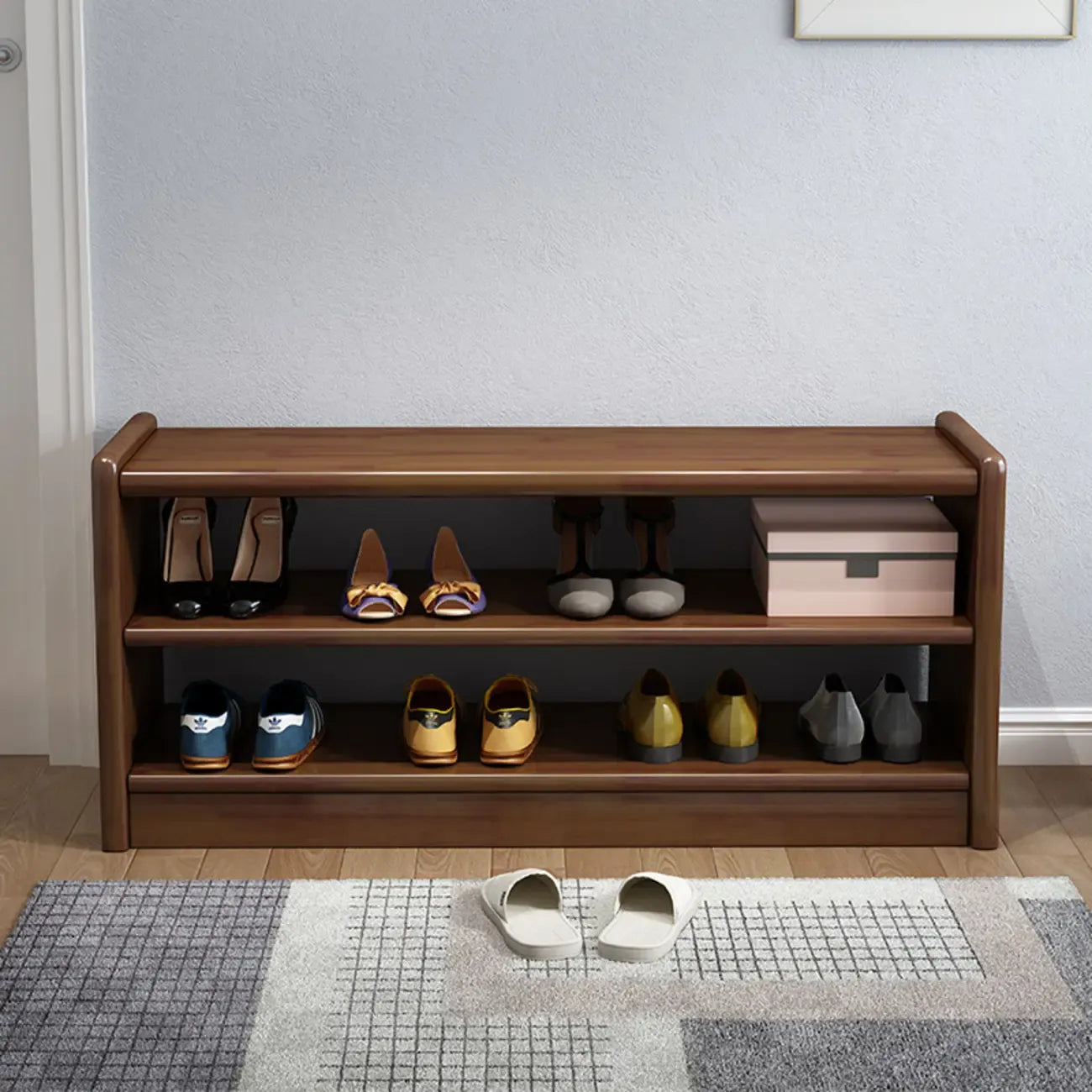 Scandinavian 2-Tier Upholstered Wood Shoe Rack Bench
