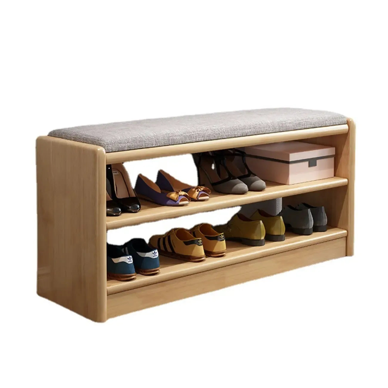 Scandinavian 2-Tier Upholstered Wood Shoe Rack Bench