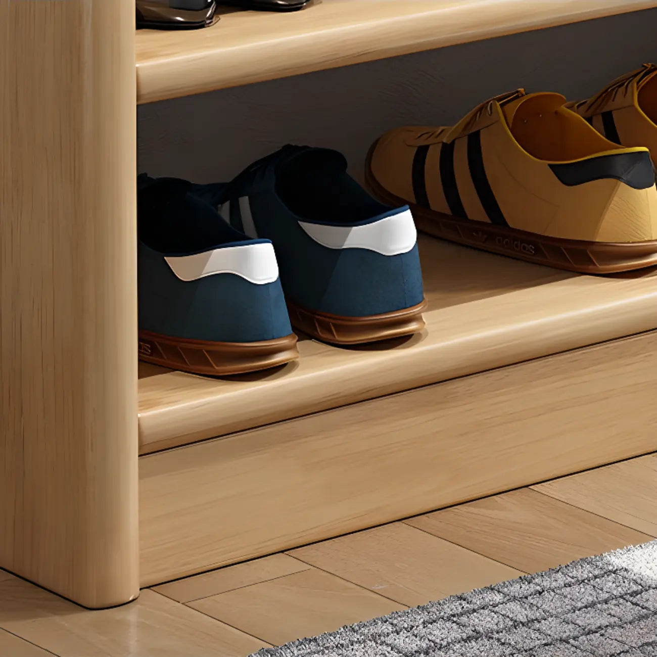 Scandinavian 2-Tier Upholstered Wood Shoe Rack Bench