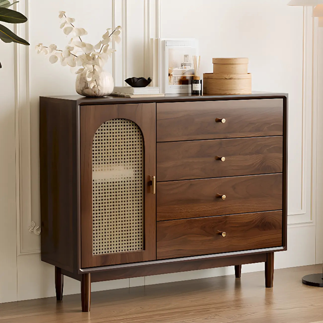 Vintage Brown Wood Rattan Storage Cabinet for Living Room