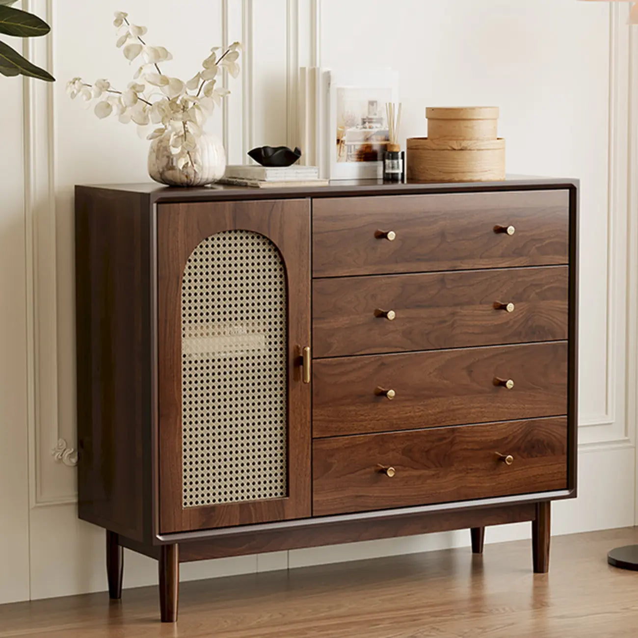 Vintage Brown Wood Rattan Storage Cabinet for Living Room