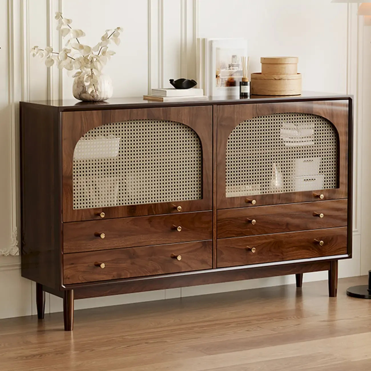 Vintage Brown Wood Rattan Storage Cabinet for Living Room