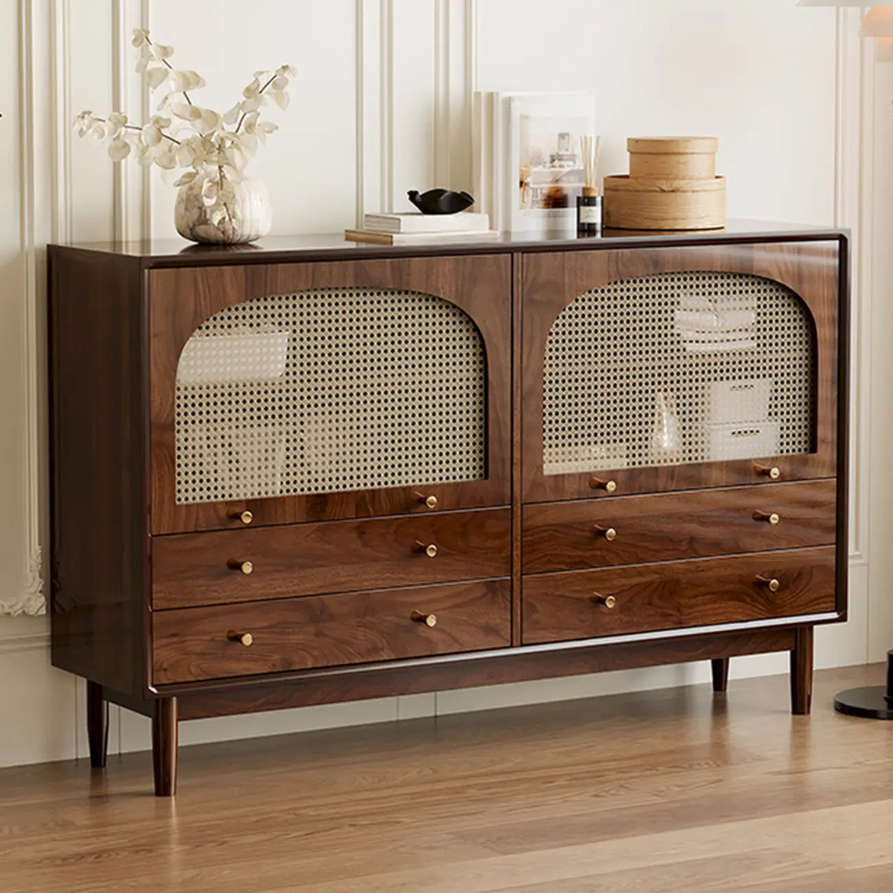 Vintage Brown Wood Rattan Storage Cabinet for Living Room