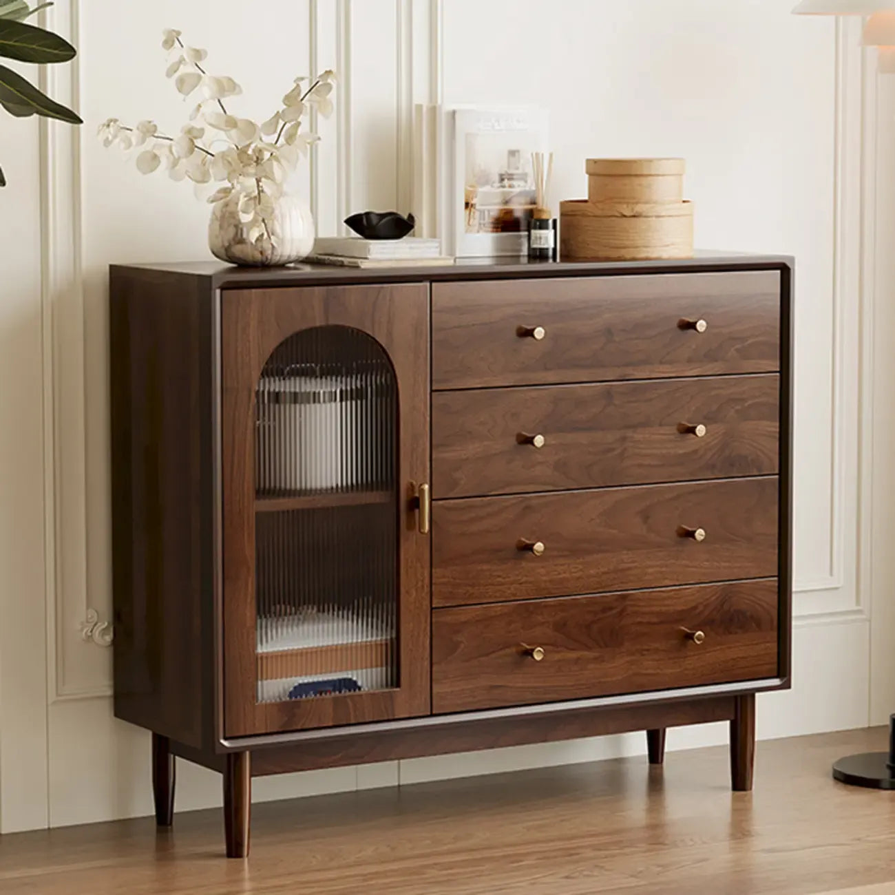 Vintage Brown Wood Rattan Storage Cabinet for Living Room