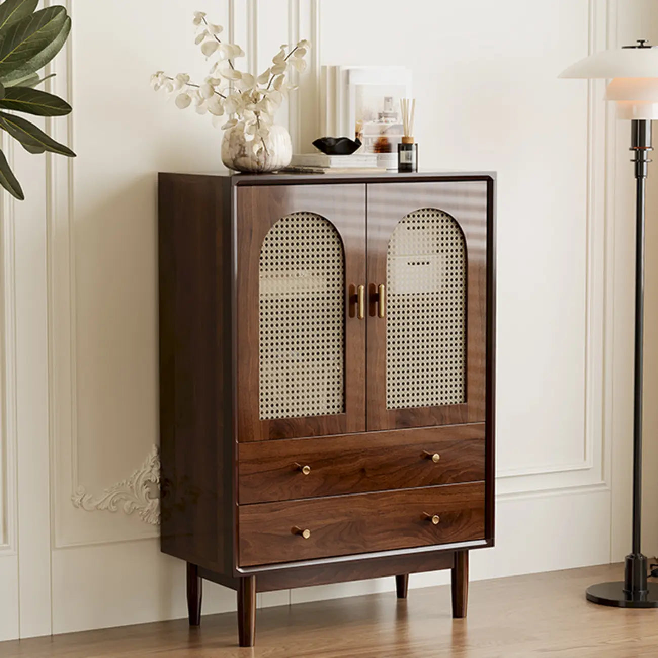 Vintage Brown Wood Rattan Storage Cabinet for Living Room