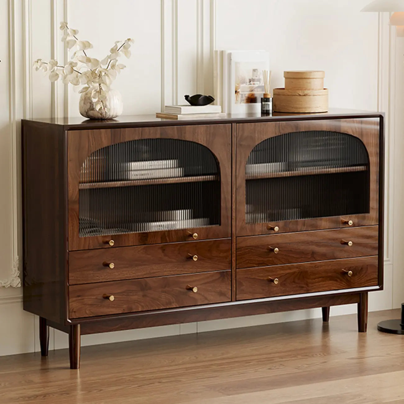 Vintage Brown Wood Rattan Storage Cabinet for Living Room