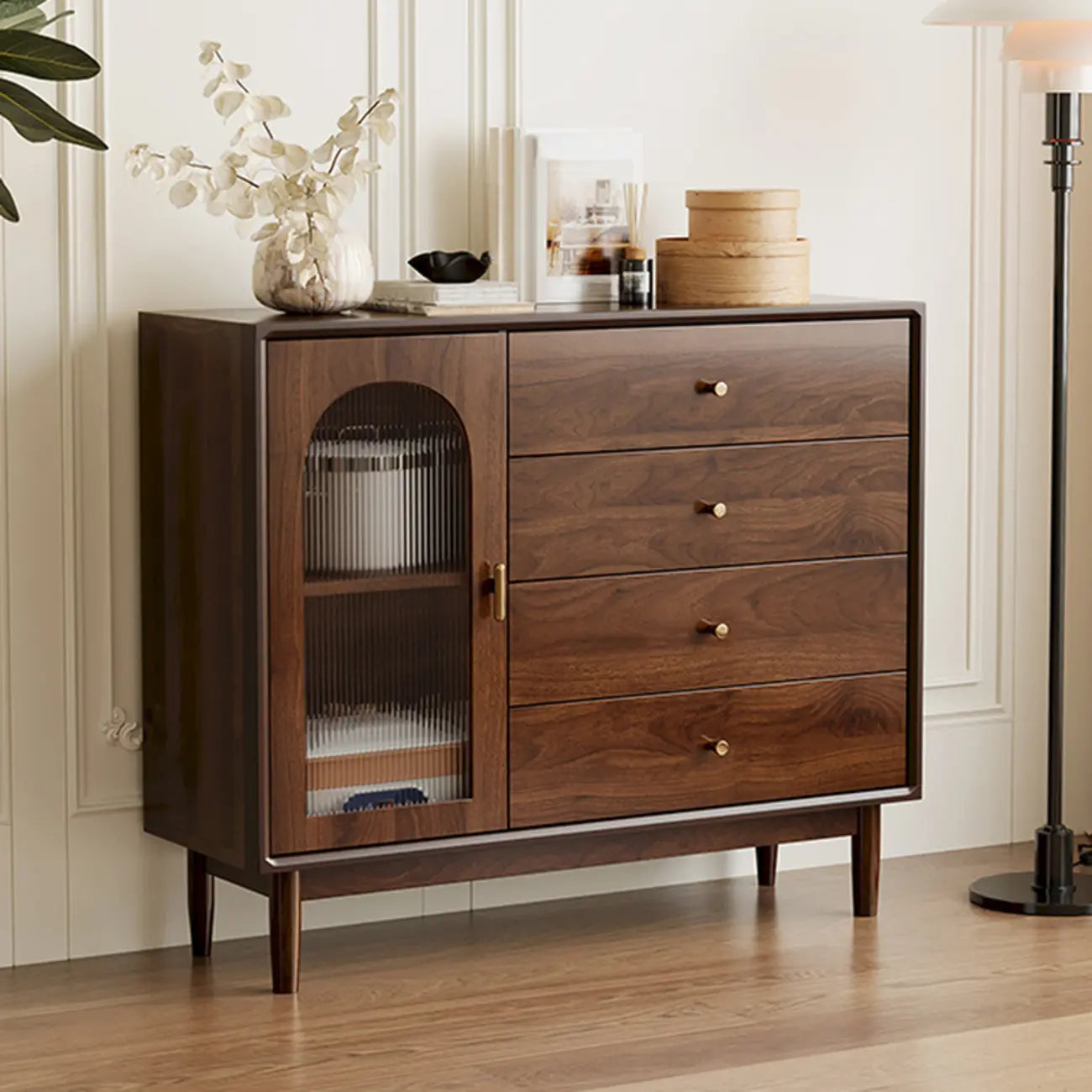Vintage Brown Wood Rattan Storage Cabinet for Living Room
