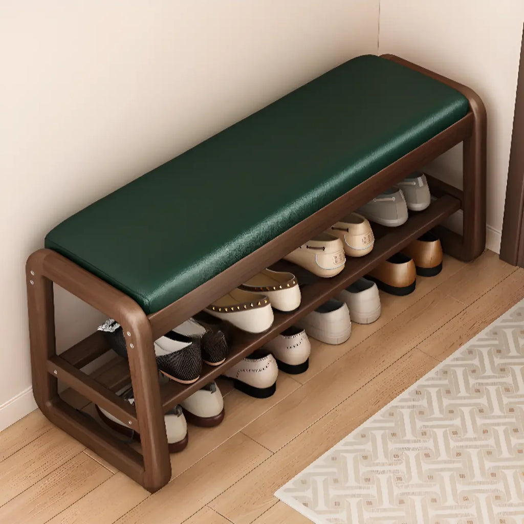 Short Wood Storage Entryway Bench Green Leather Seat