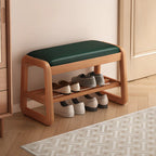 Short Wood Storage Entryway Bench Green Leather Seat