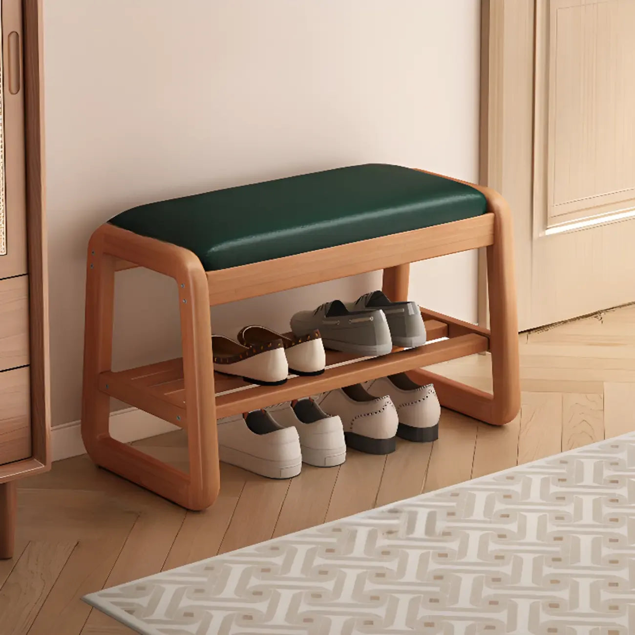 Short Wood Storage Entryway Bench Green Leather Seat