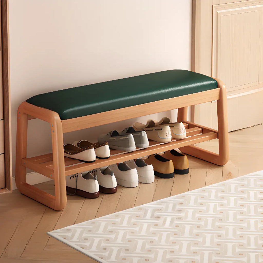 Short Wood Storage Entryway Bench Green Leather Seat
