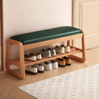 Short Wood Storage Entryway Bench Green Leather Seat
