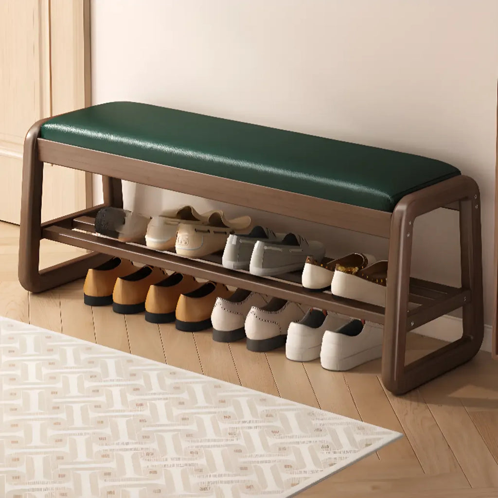 Short Wood Storage Entryway Bench Green Leather Seat
