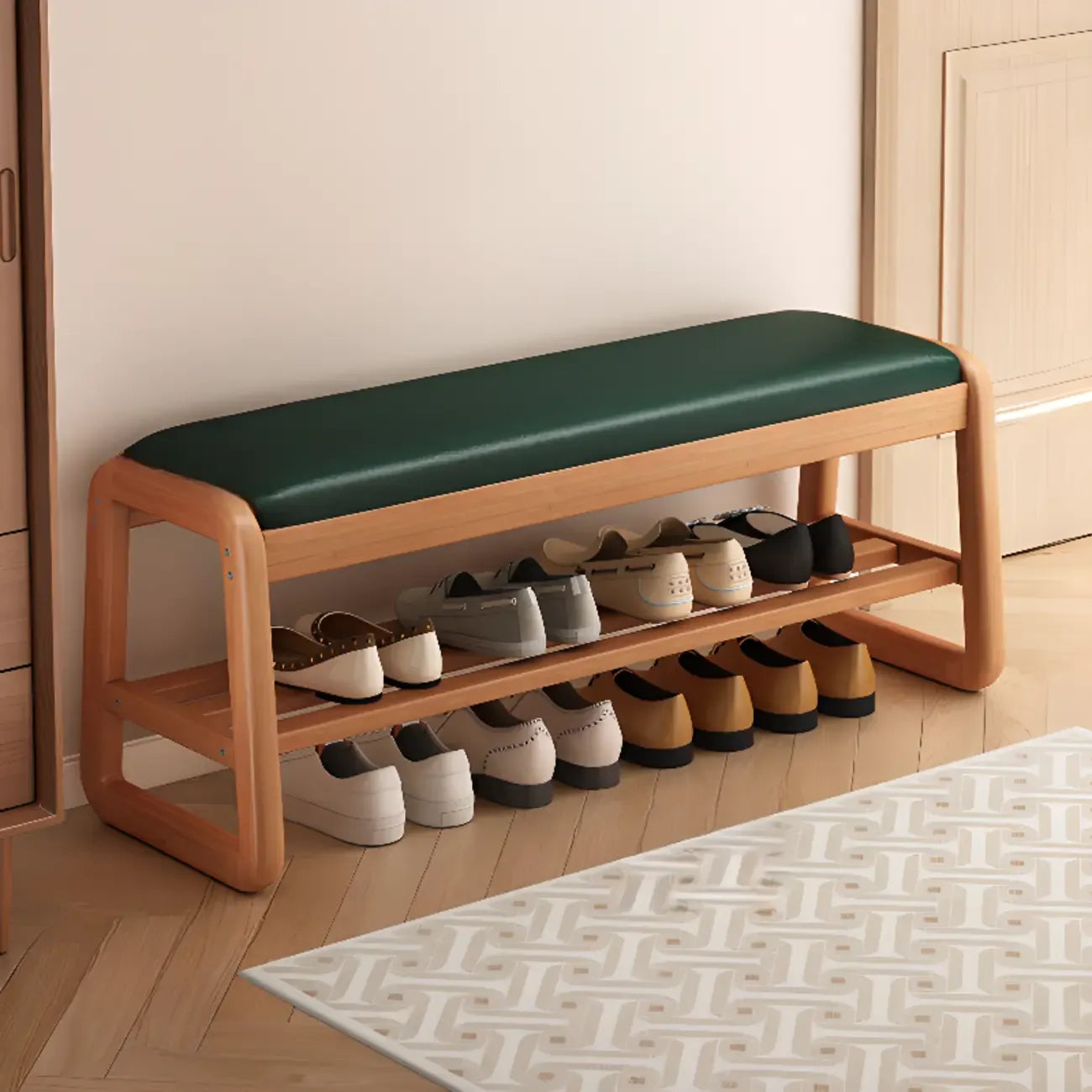 Short Wood Storage Entryway Bench Green Leather Seat
