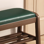 Short Wood Storage Entryway Bench Green Leather Seat