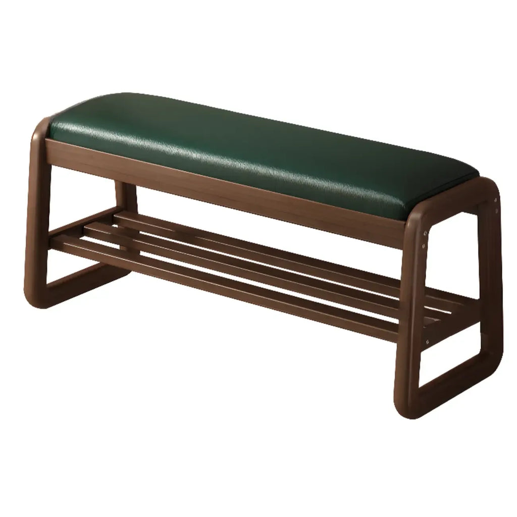 Short Wood Storage Entryway Bench Green Leather Seat