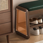 Short Wood Storage Entryway Bench Green Leather Seat