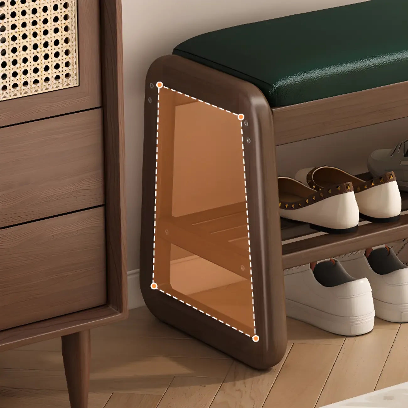 Short Wood Storage Entryway Bench Green Leather Seat