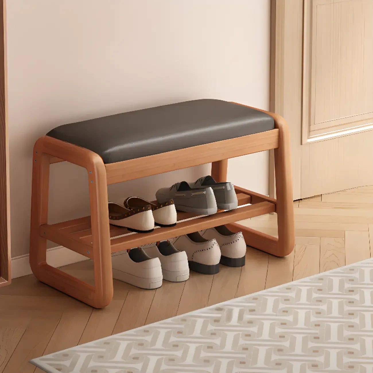 Short Wood Storage Entryway Bench Green Leather Seat