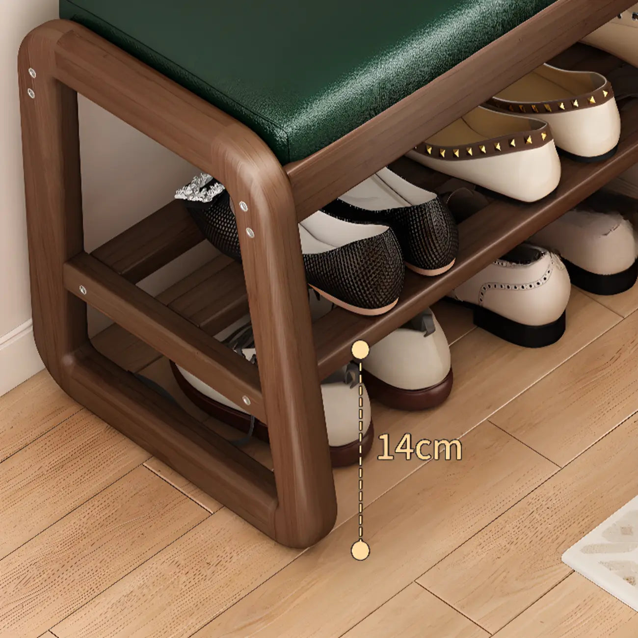 Short Wood Storage Entryway Bench Green Leather Seat