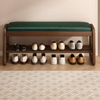 Short Wood Storage Entryway Bench Green Leather Seat