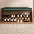Short Wood Storage Entryway Bench Green Leather Seat