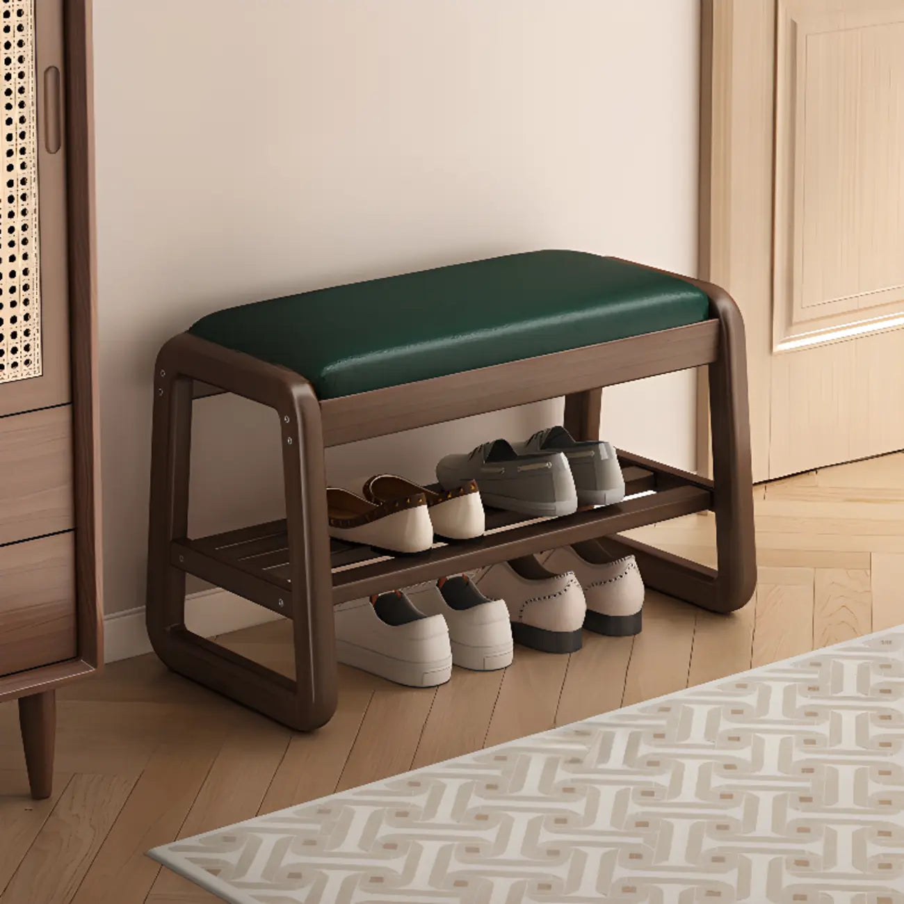 Short Wood Storage Entryway Bench Green Leather Seat