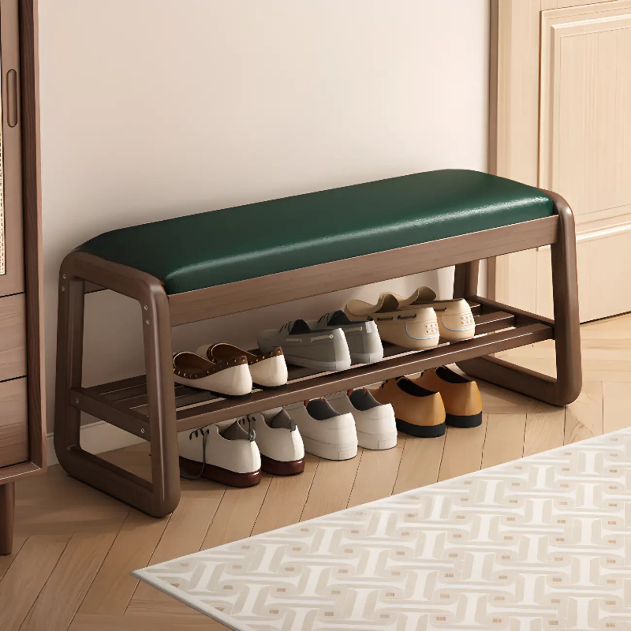 Short Wood Storage Entryway Bench Green Leather Seat