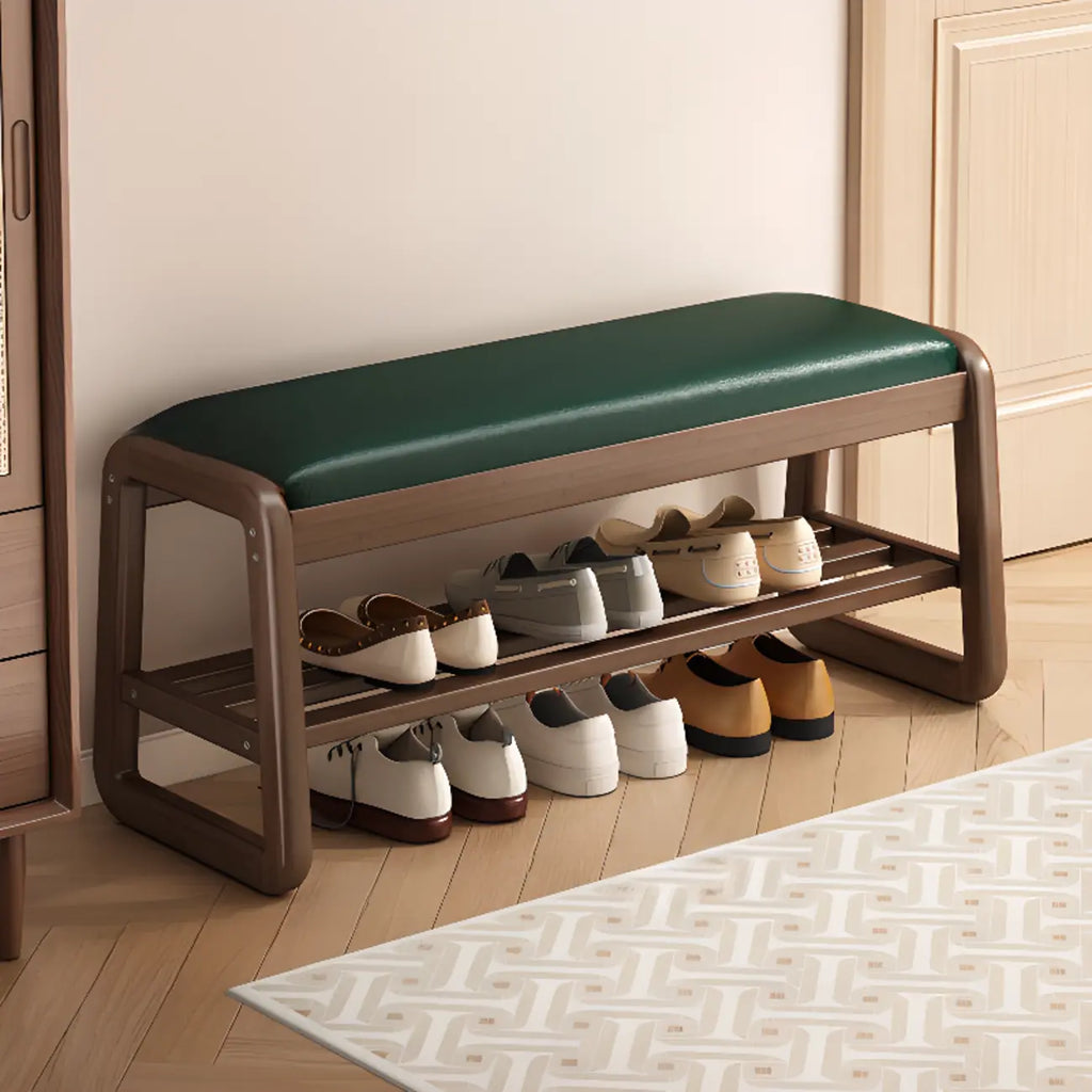 Short Wood Storage Entryway Bench Green Leather Seat