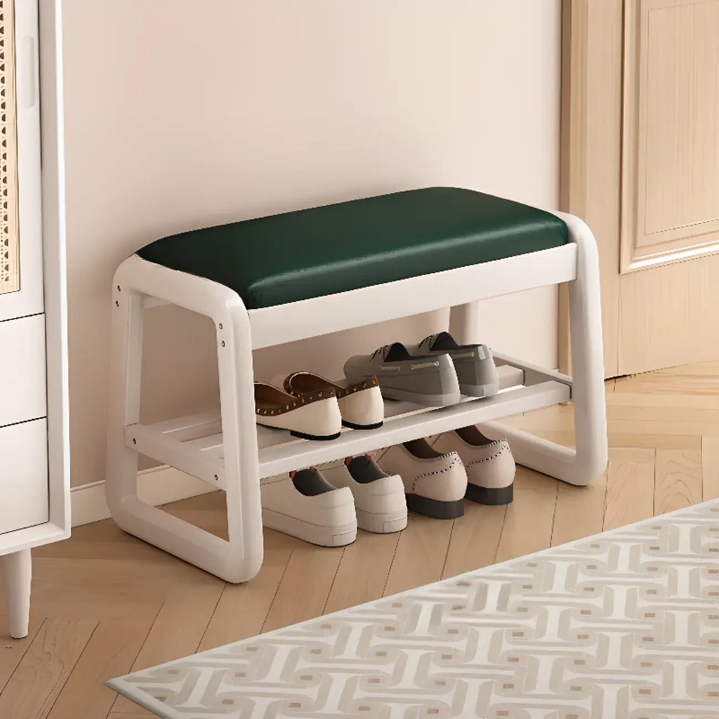 Short Wood Storage Entryway Bench Green Leather Seat