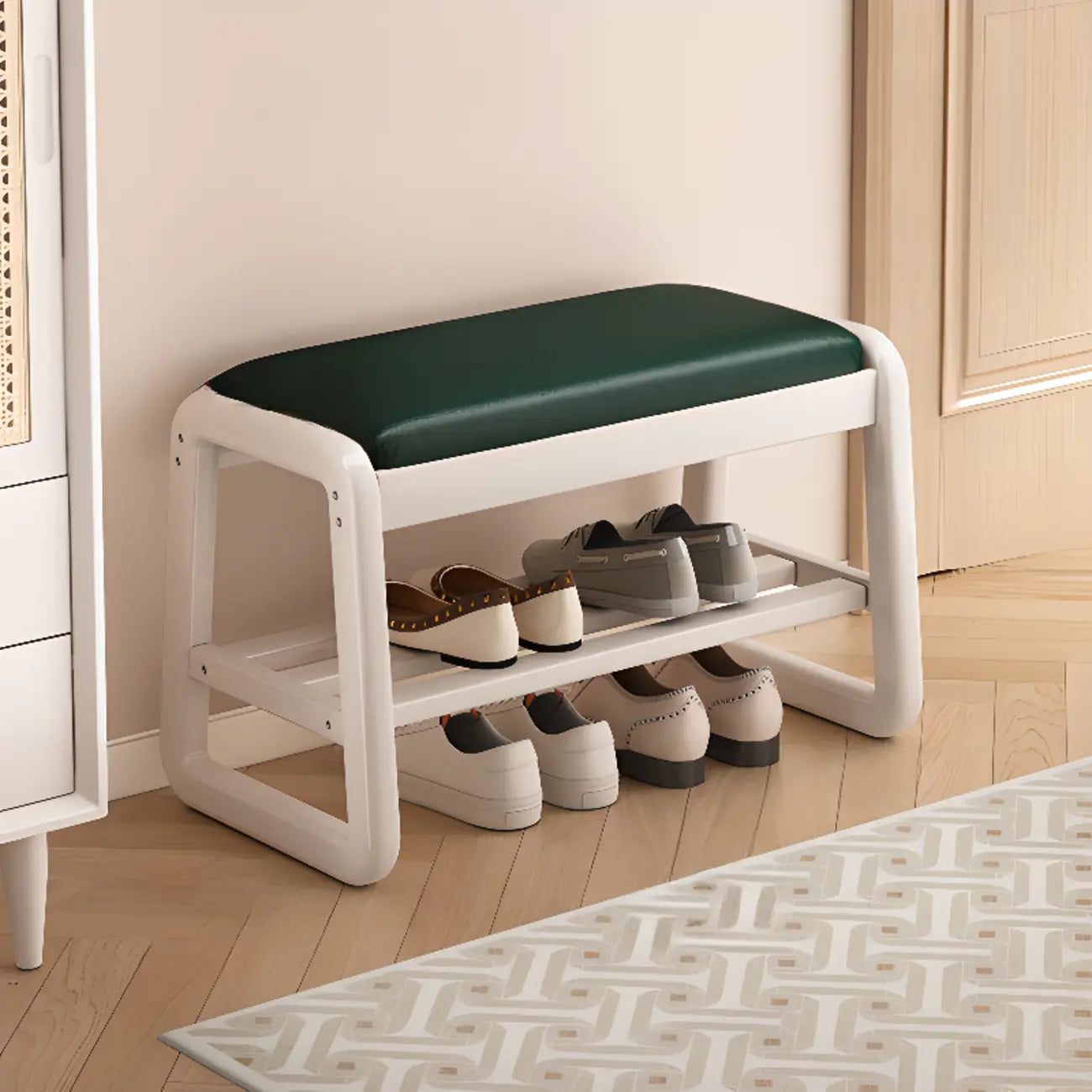 Short Wood Storage Entryway Bench Green Leather Seat