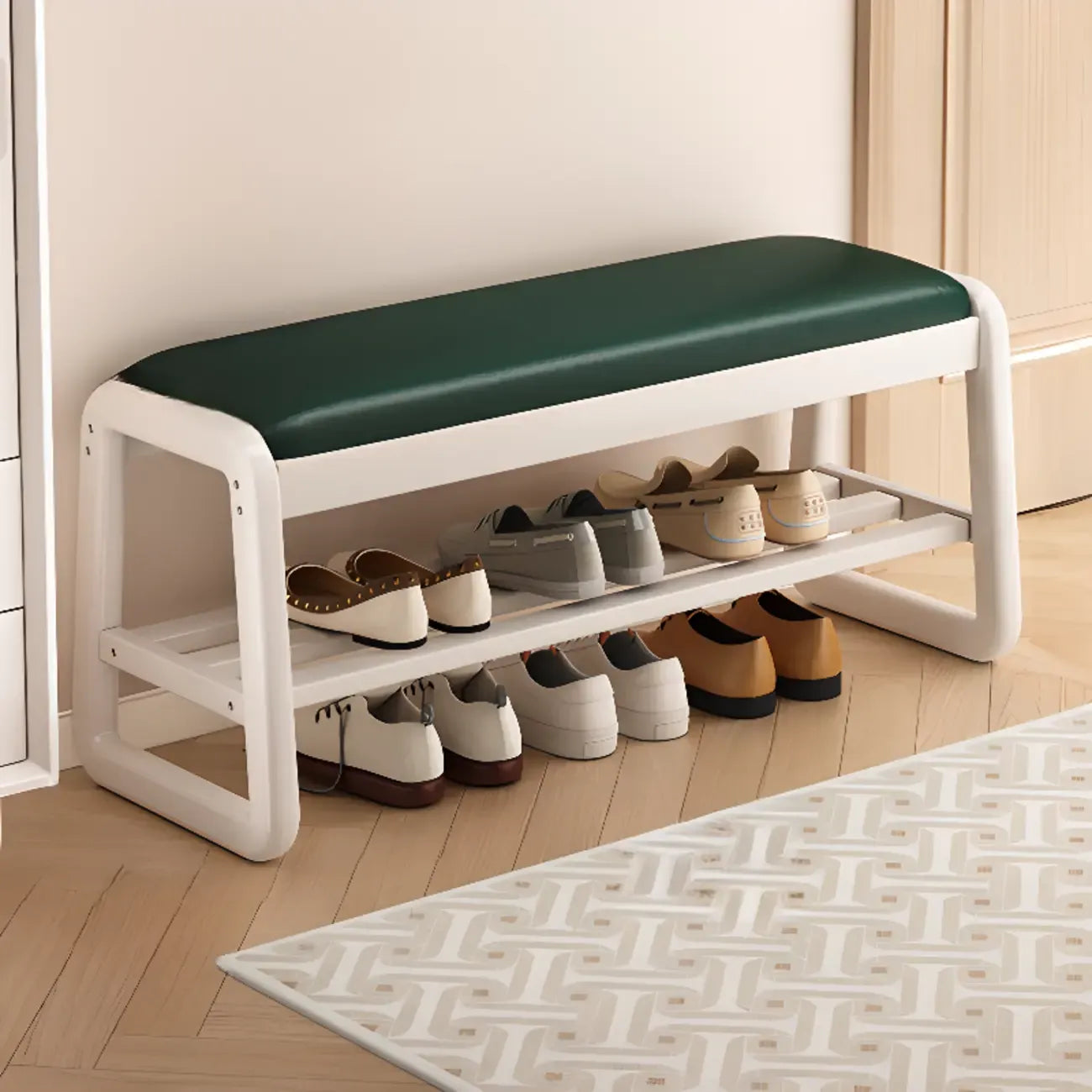 Short Wood Storage Entryway Bench Green Leather Seat