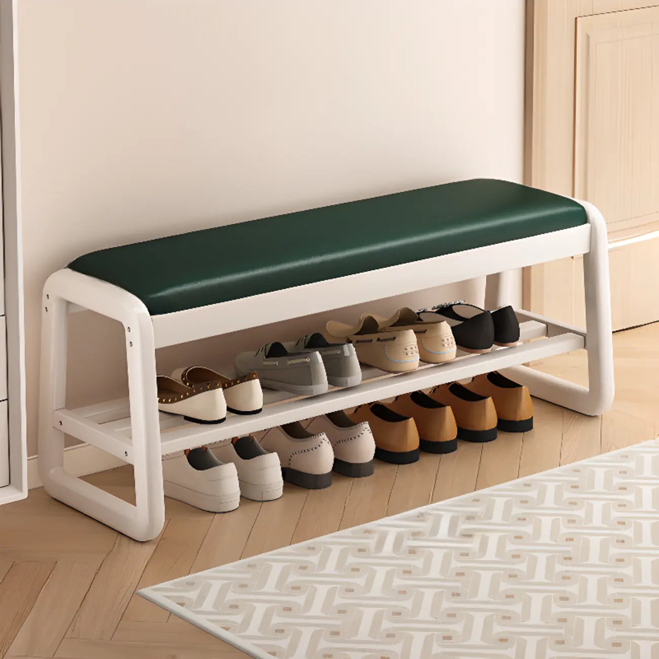 Short Wood Storage Entryway Bench Green Leather Seat