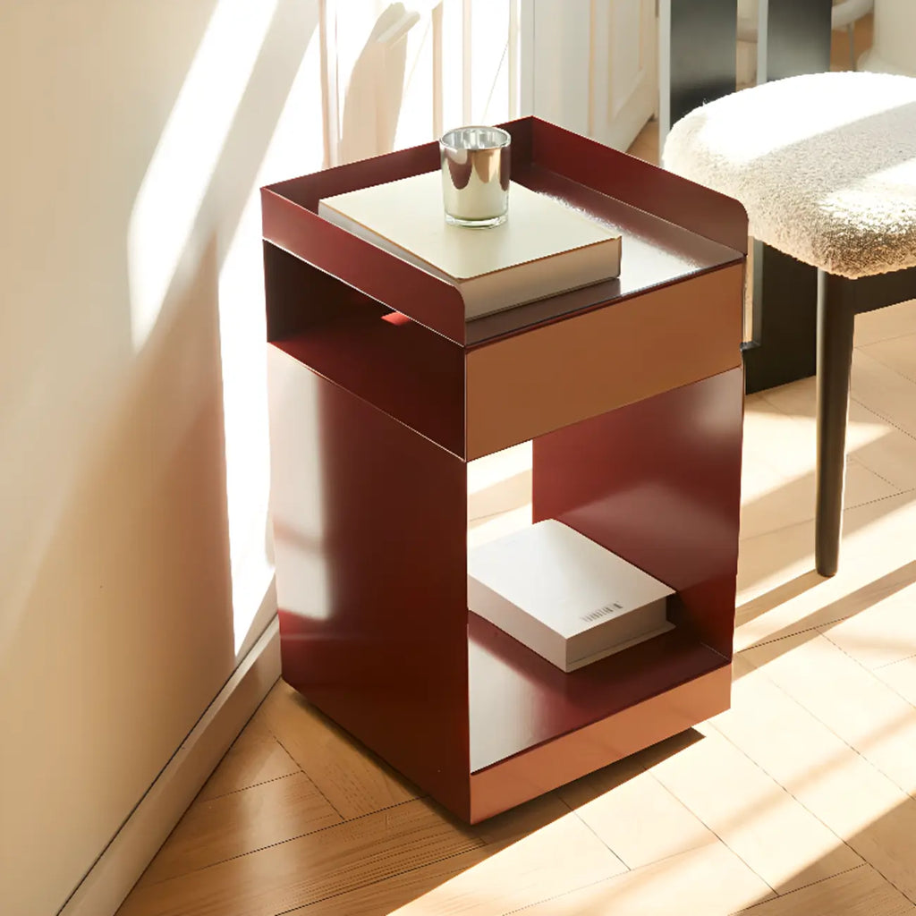 White Rectangular Steel Swivel Side Table with Storage