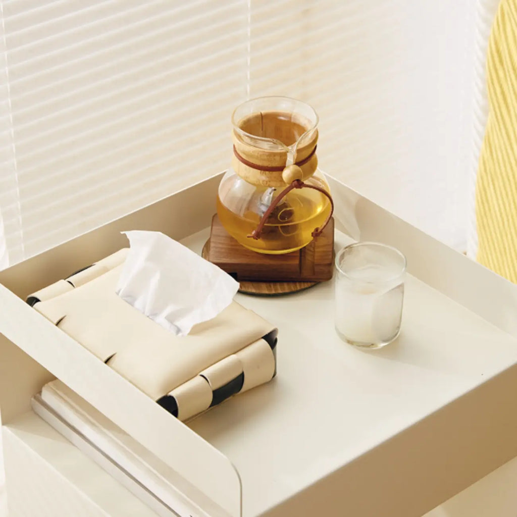 White Rectangular Steel Swivel Side Table with Storage