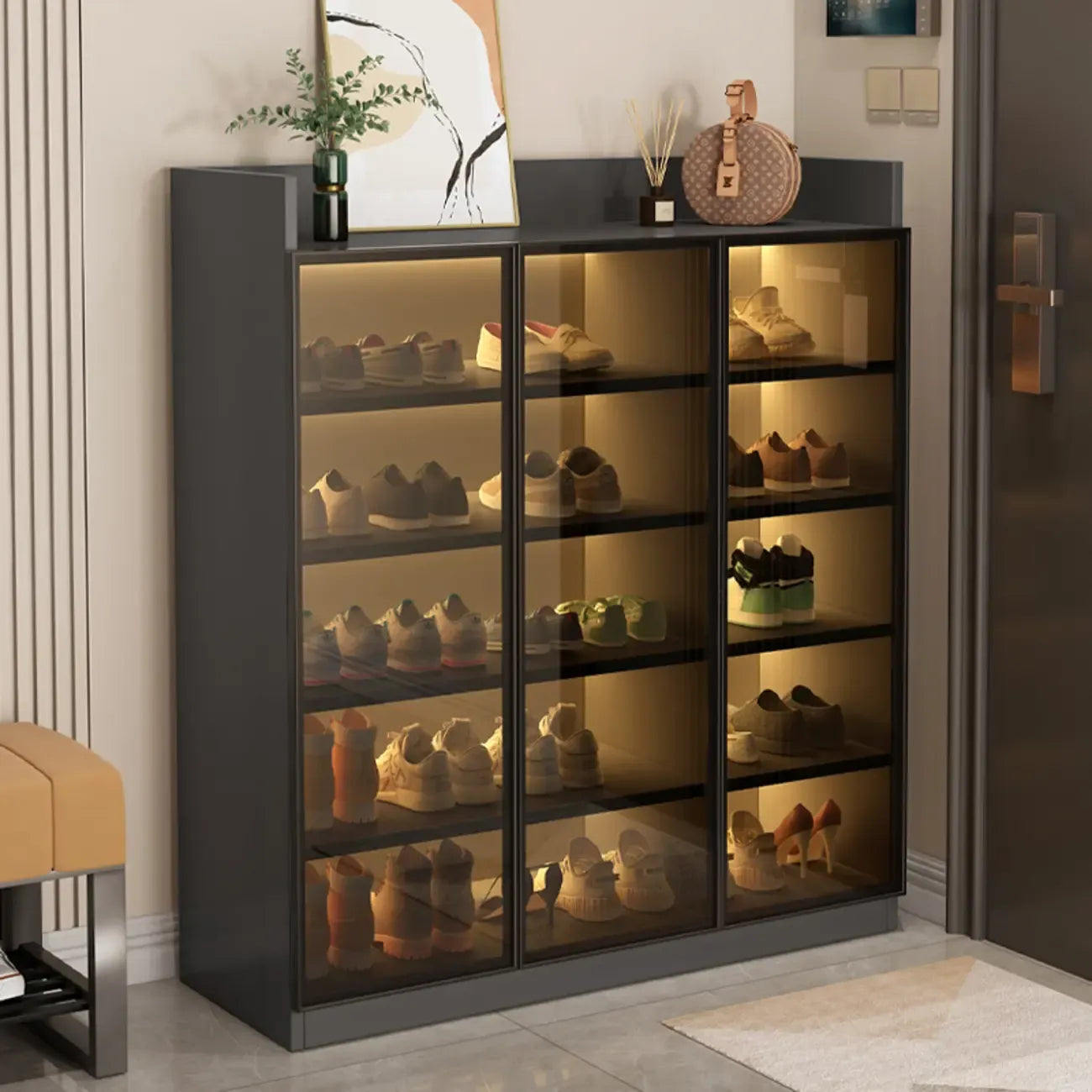 Led-lit Shoe Cabinet with Adjustable Shelves Transparent Doors