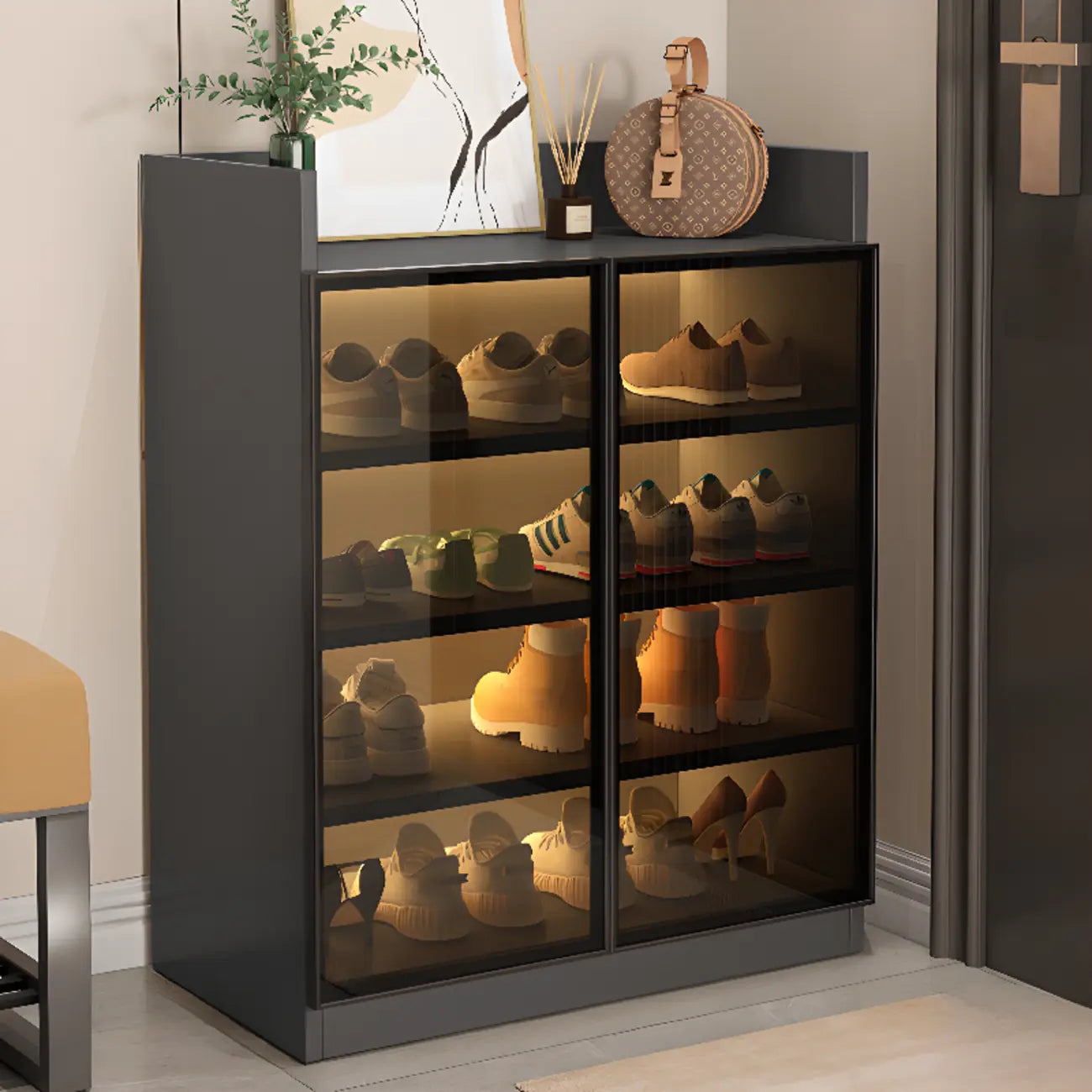 Led-lit Shoe Cabinet with Adjustable Shelves Transparent Doors