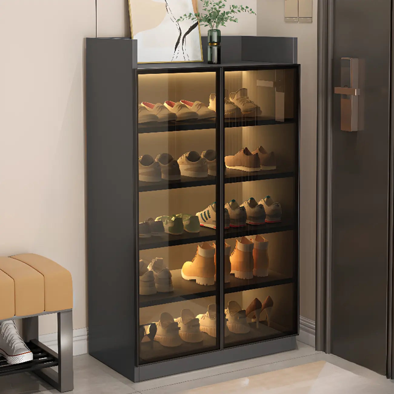 Led-lit Shoe Cabinet with Adjustable Shelves Transparent Doors