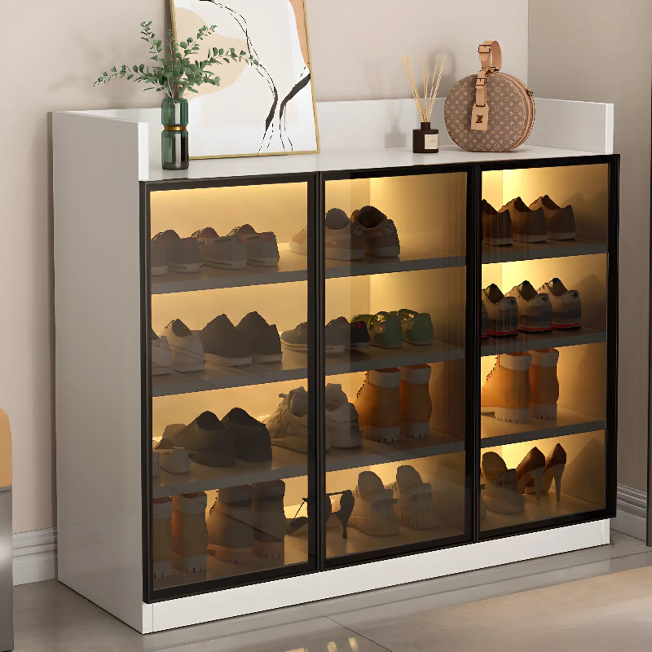 Led-lit Shoe Cabinet with Adjustable Shelves Transparent Doors