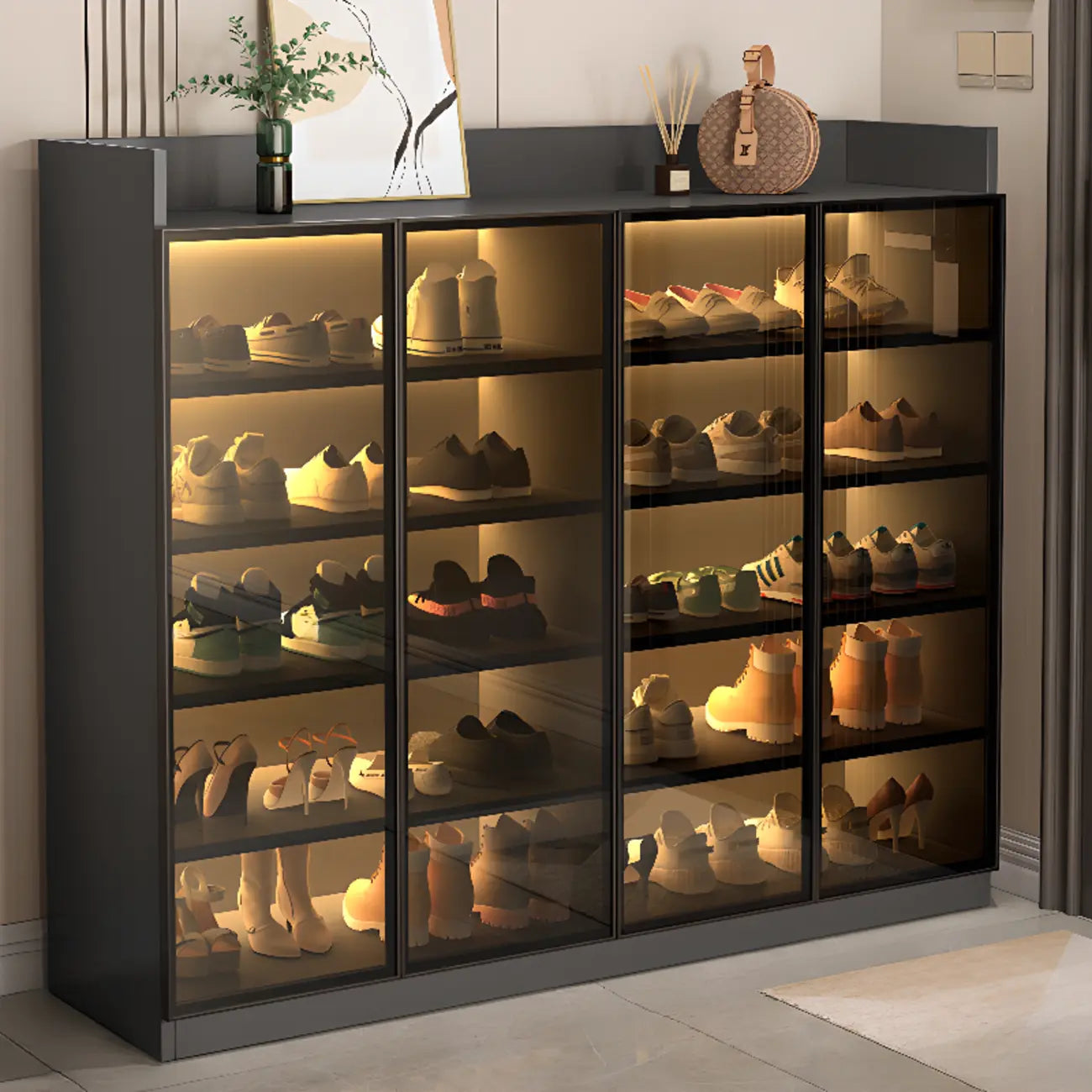 Led-lit Shoe Cabinet with Adjustable Shelves Transparent Doors