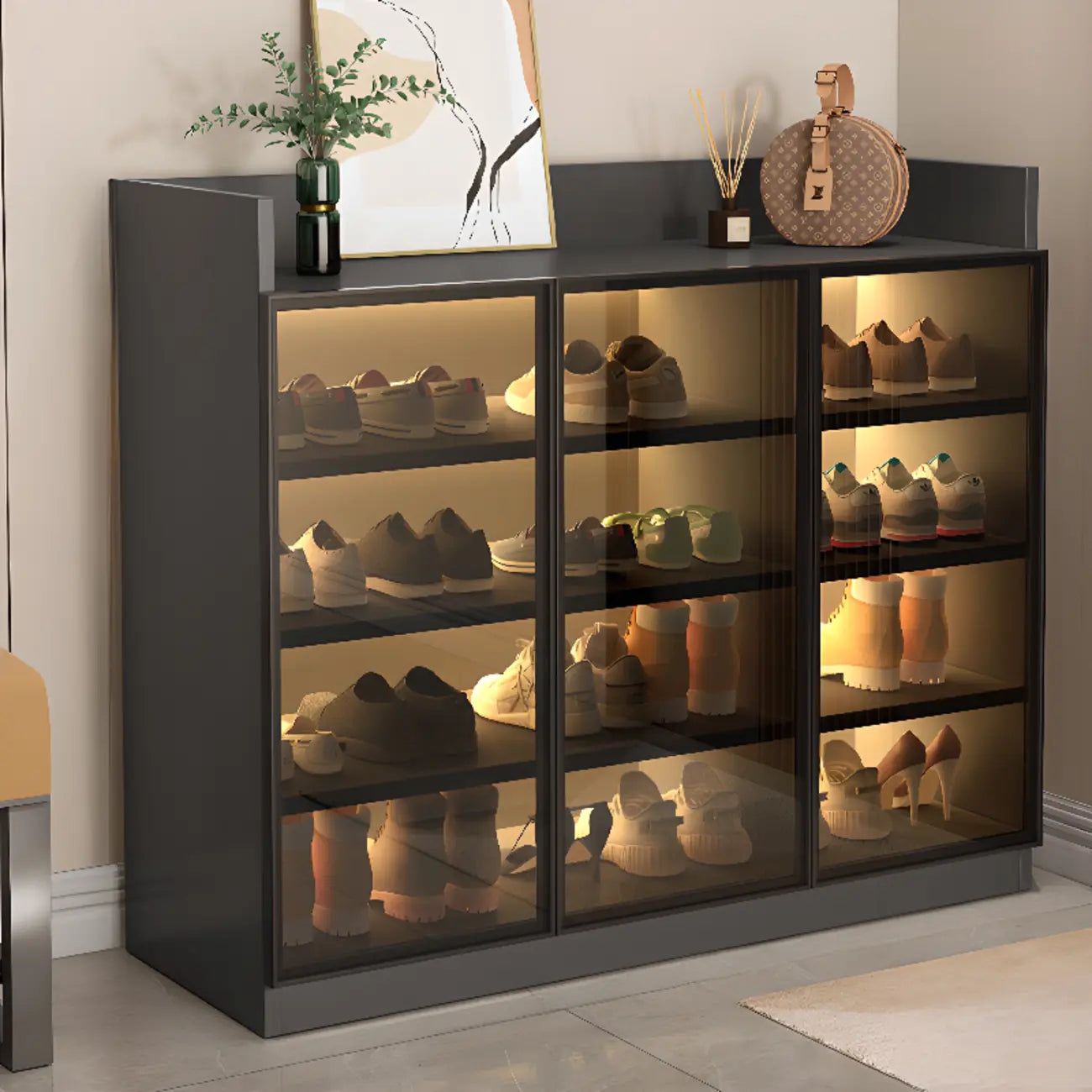 Led-lit Shoe Cabinet with Adjustable Shelves Transparent Doors