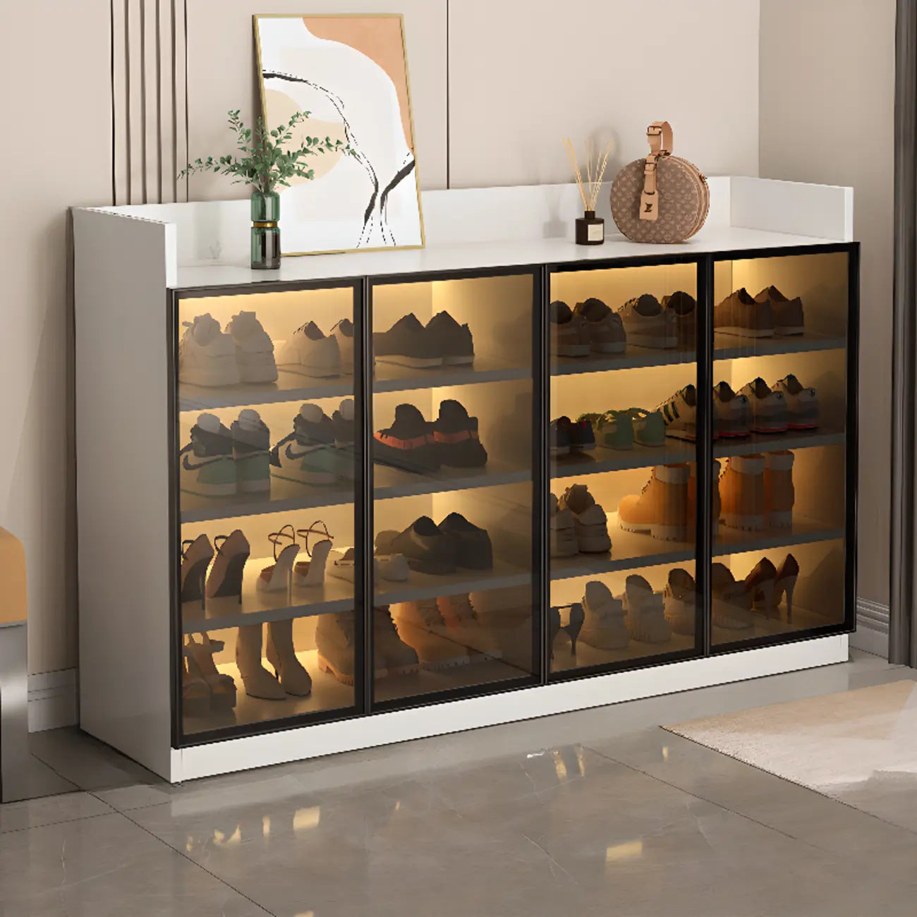 Led-lit Shoe Cabinet with Adjustable Shelves Transparent Doors
