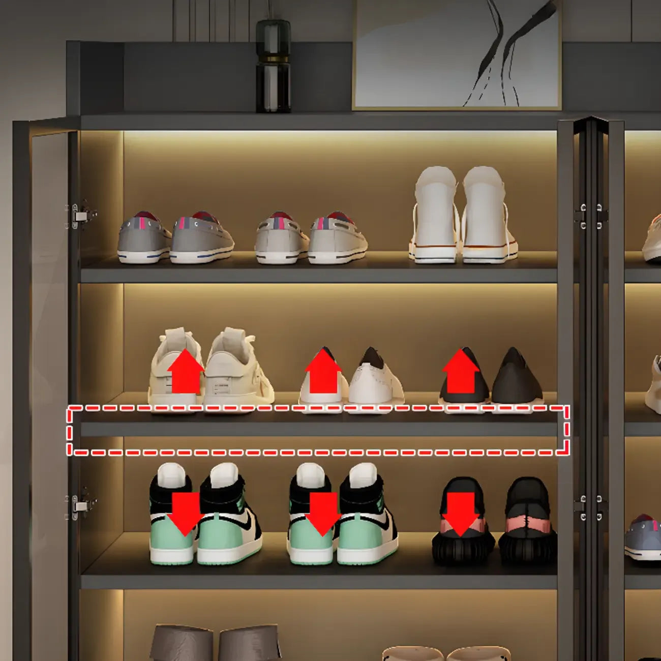 Led-lit Shoe Cabinet with Adjustable Shelves Transparent Doors